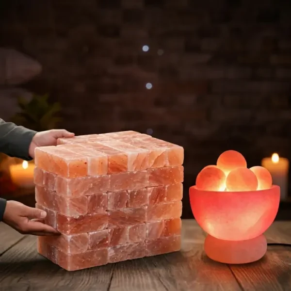 Luxury Himalayan Salt Wall Bundle – 50 Bricks (8×4×2) + 1 Fire Bowl Salt Lamp