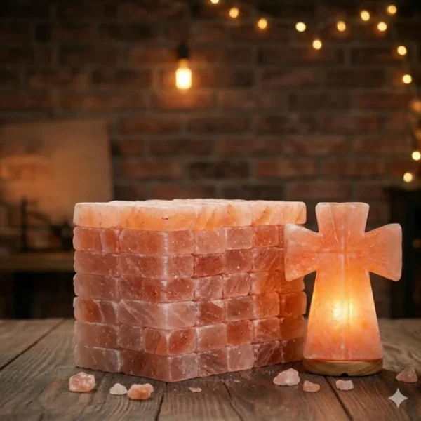 Spiritual Wellness Master Bundle – 100 Himalayan Salt Bricks (8×4×2) + 1 Salt Cross Lamp